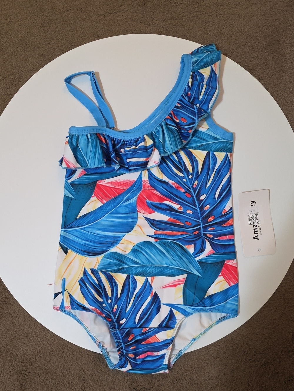 Amzbarley Girls' Blue Tropical One-Shoulder Ruffle Swimsuit
